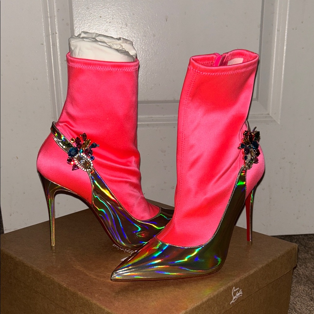 Christian Louboutin Neon Pink and Iridescent Heeled Boots
